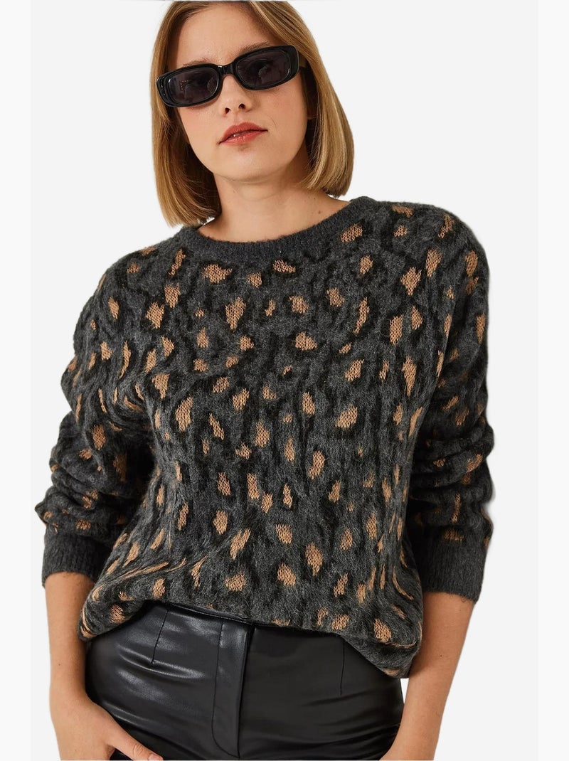 Pull ras du cou en maille à motifs lucci Gris foncé - Kiabi