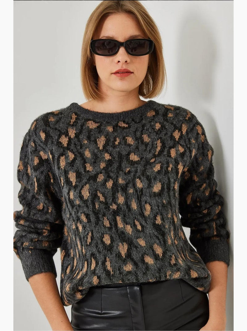 Pull ras du cou en maille à motifs lucci Gris foncé - Kiabi