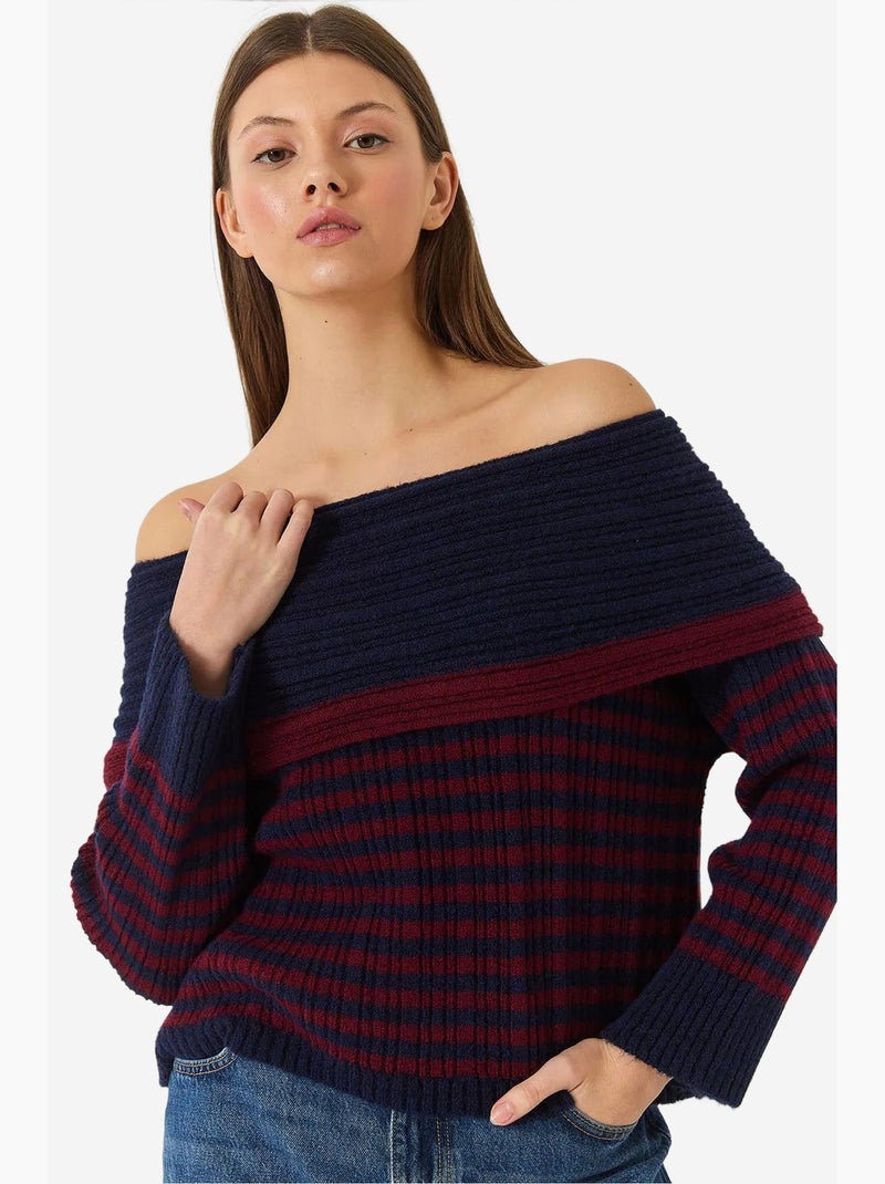 Pull rayé à col bénitier lucci Bleu marine - Kiabi