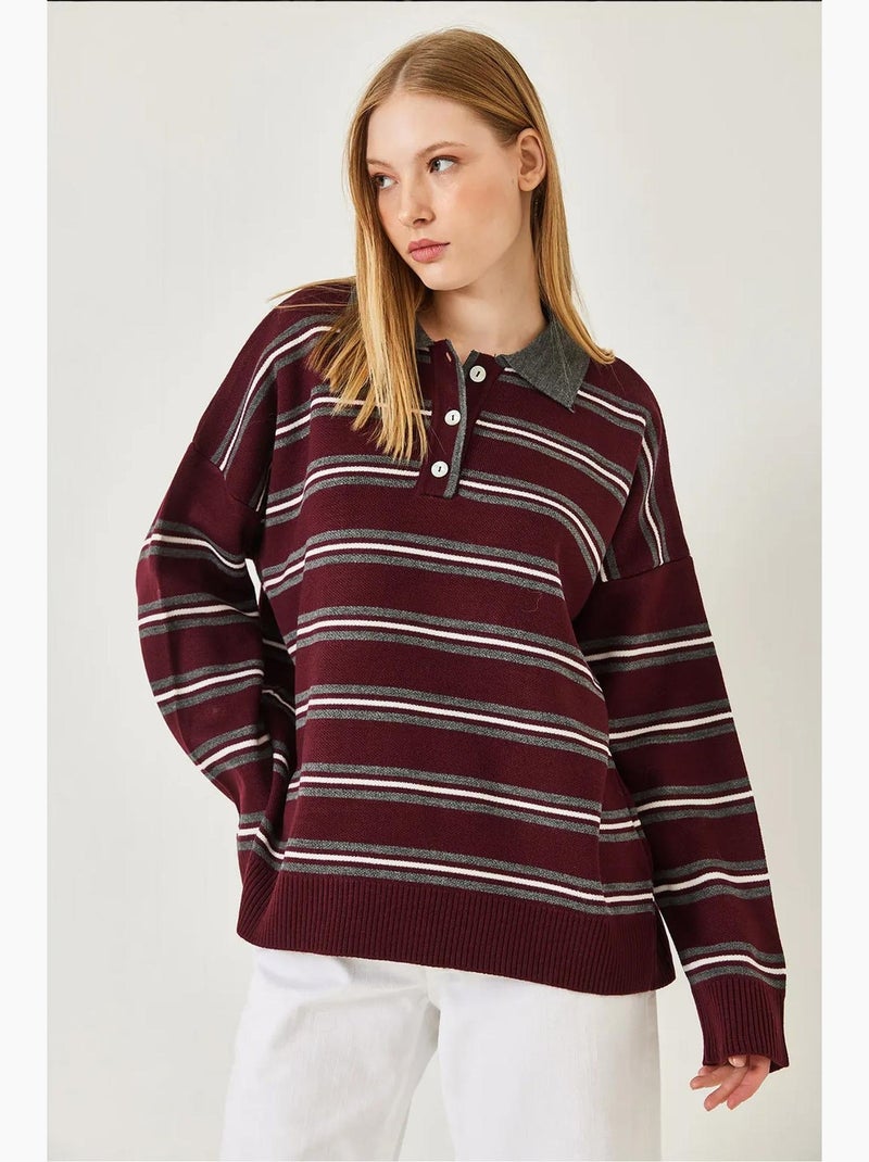 Pull rayé à col polo boutonné lucci Rouge bordeaux - Kiabi