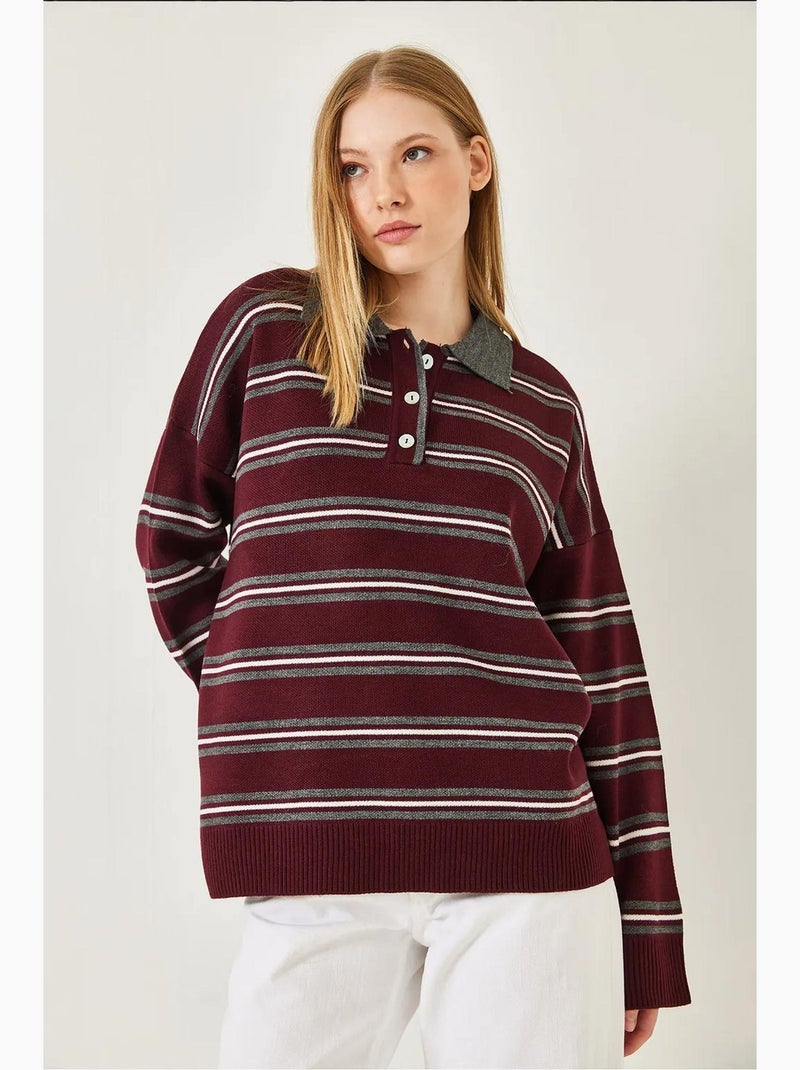 Pull rayé à col polo boutonné lucci Rouge bordeaux - Kiabi