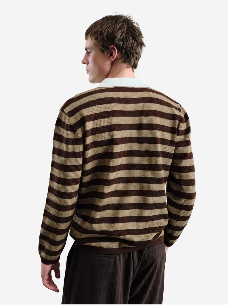 Pull rayé à col polo en maille avec fermeture boutonnée giesto Marron clair - Kiabi