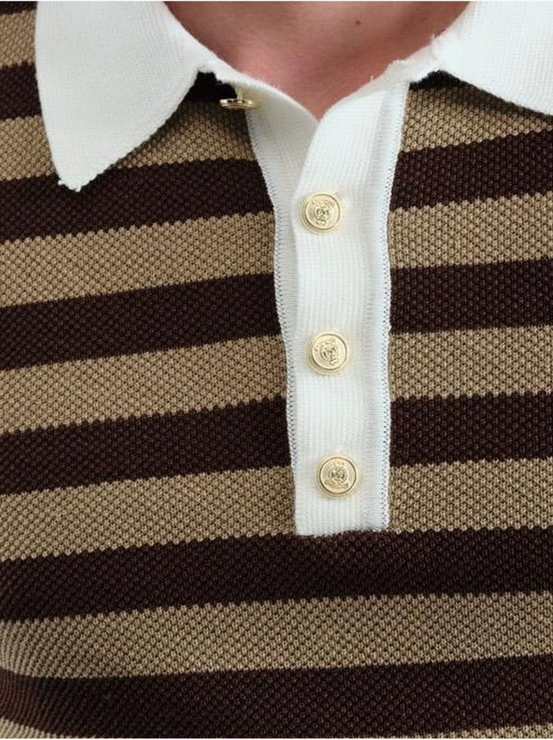 Pull rayé à col polo en maille avec fermeture boutonnée giesto Marron clair - Kiabi