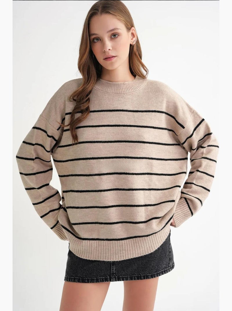 Pull rayé à col rond en maille décontractée mixray Beige argile - Kiabi