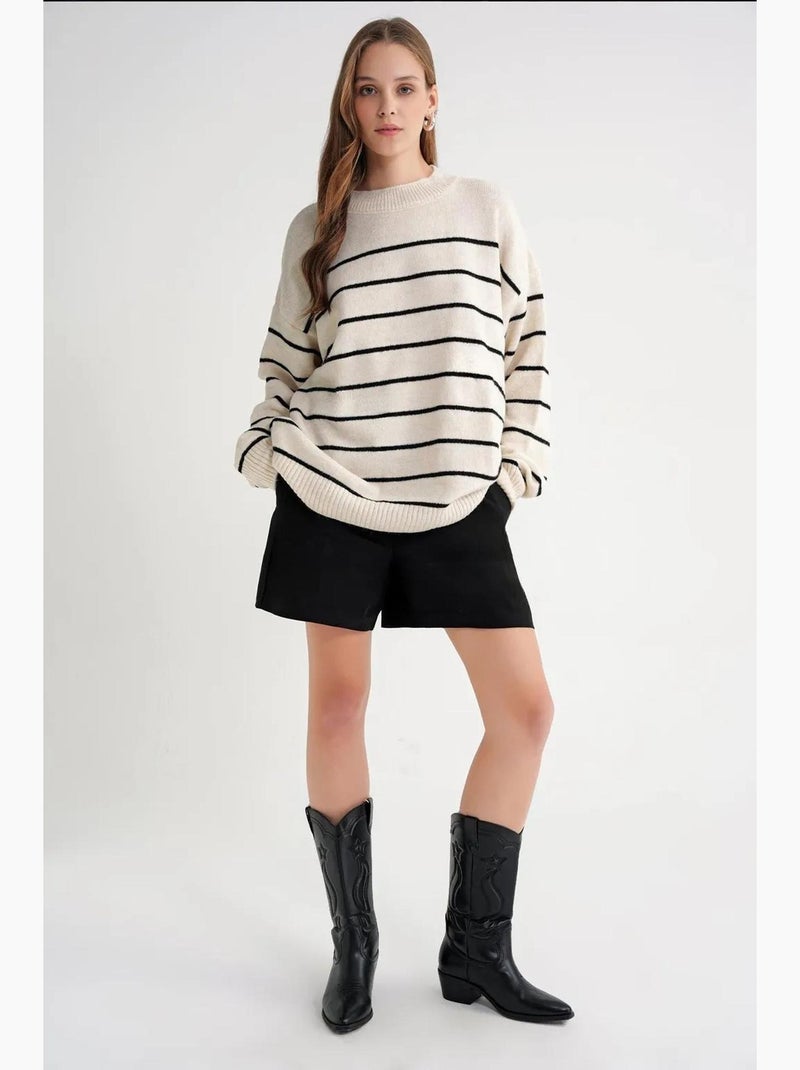 Pull rayé à col rond en maille décontractée mixray Beige - Kiabi