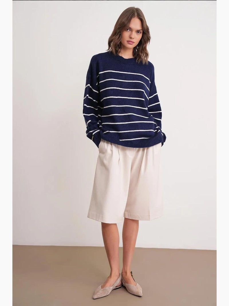 Pull rayé à col rond en maille décontractée mixray Bleu marine - Kiabi