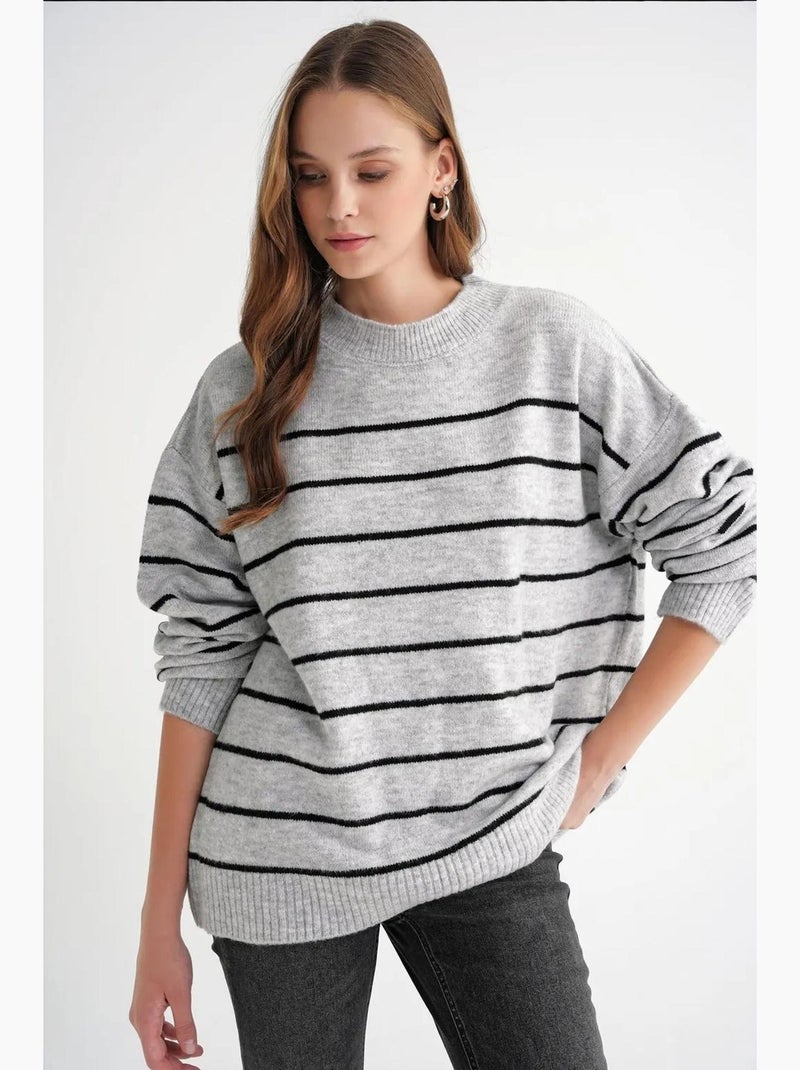 Pull rayé à col rond en maille décontractée mixray Gris - Kiabi
