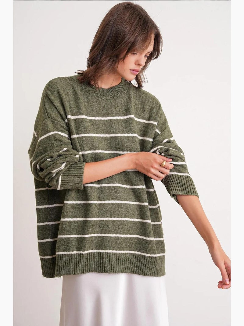 Pull rayé à col rond en maille décontractée mixray Kaki - Kiabi