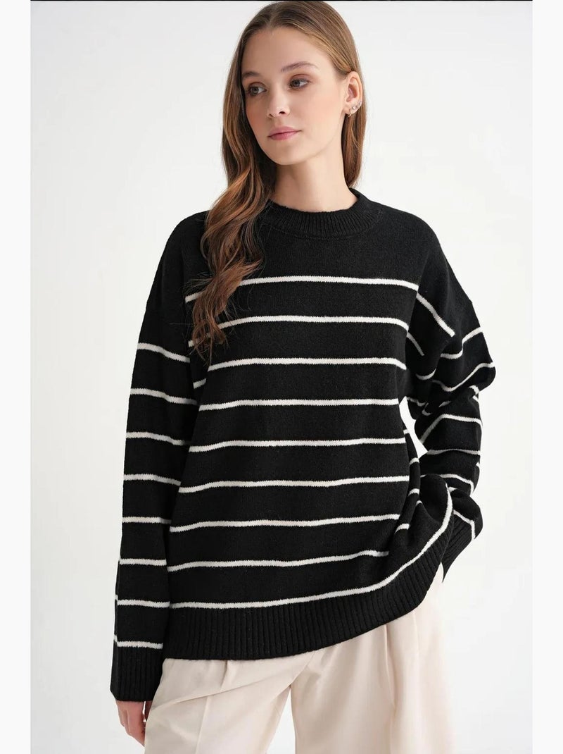 Pull rayé à col rond en maille décontractée mixray Noir - Kiabi