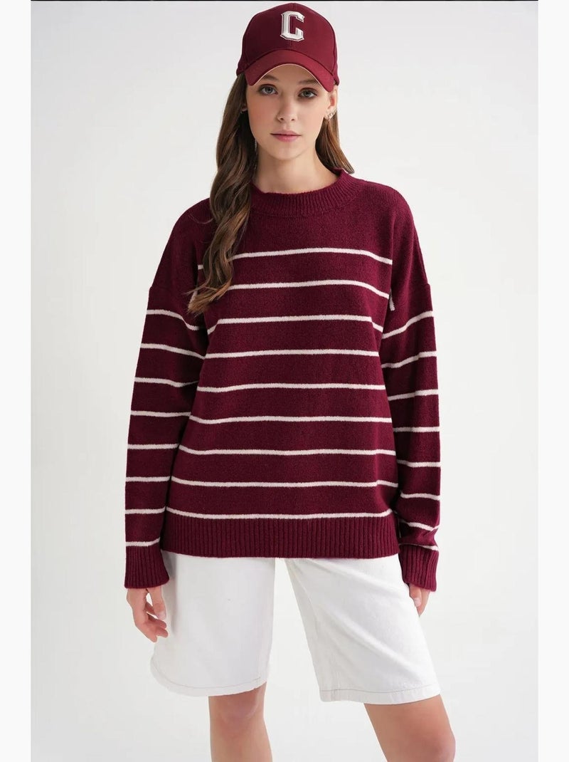 Pull rayé à col rond en maille décontractée mixray Rouge bordeaux - Kiabi