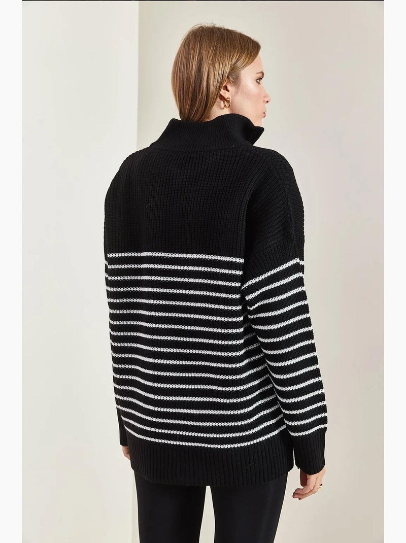 Pull rayé à col roulé et fermeture éclair lucci Noir Blanc - Kiabi