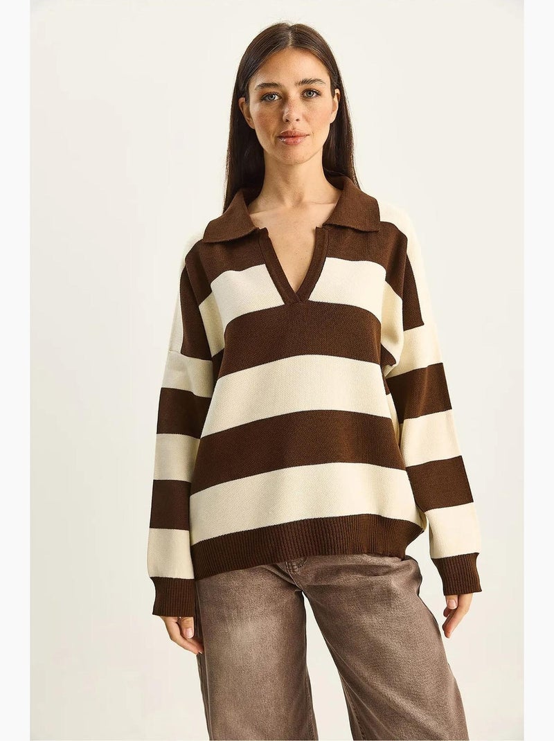 Pull rayé à col v et manches longues lucci Marron - Kiabi