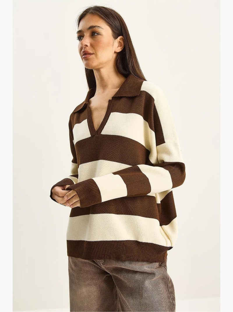 Pull rayé à col v et manches longues lucci Marron - Kiabi