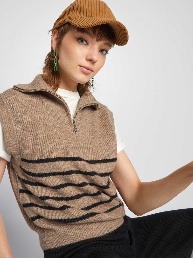 Pull rayé à col zippé beige - Kiabi