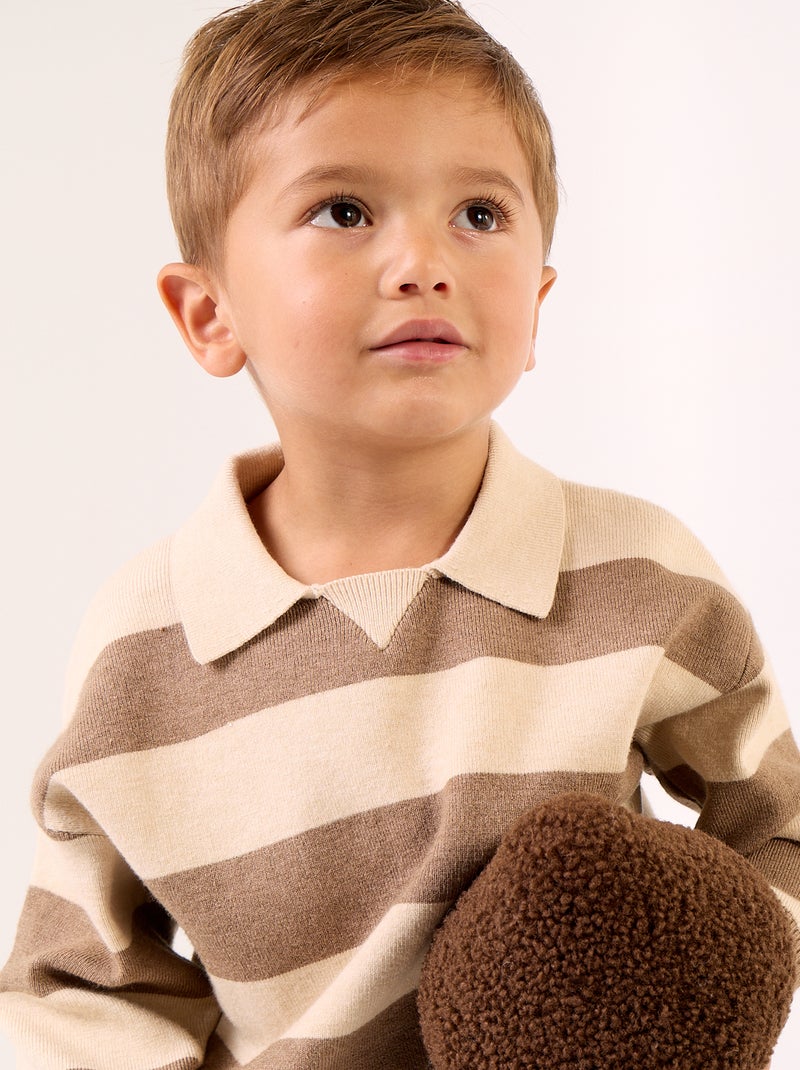 Pull rayé à manches longues et col polo Beige - Kiabi