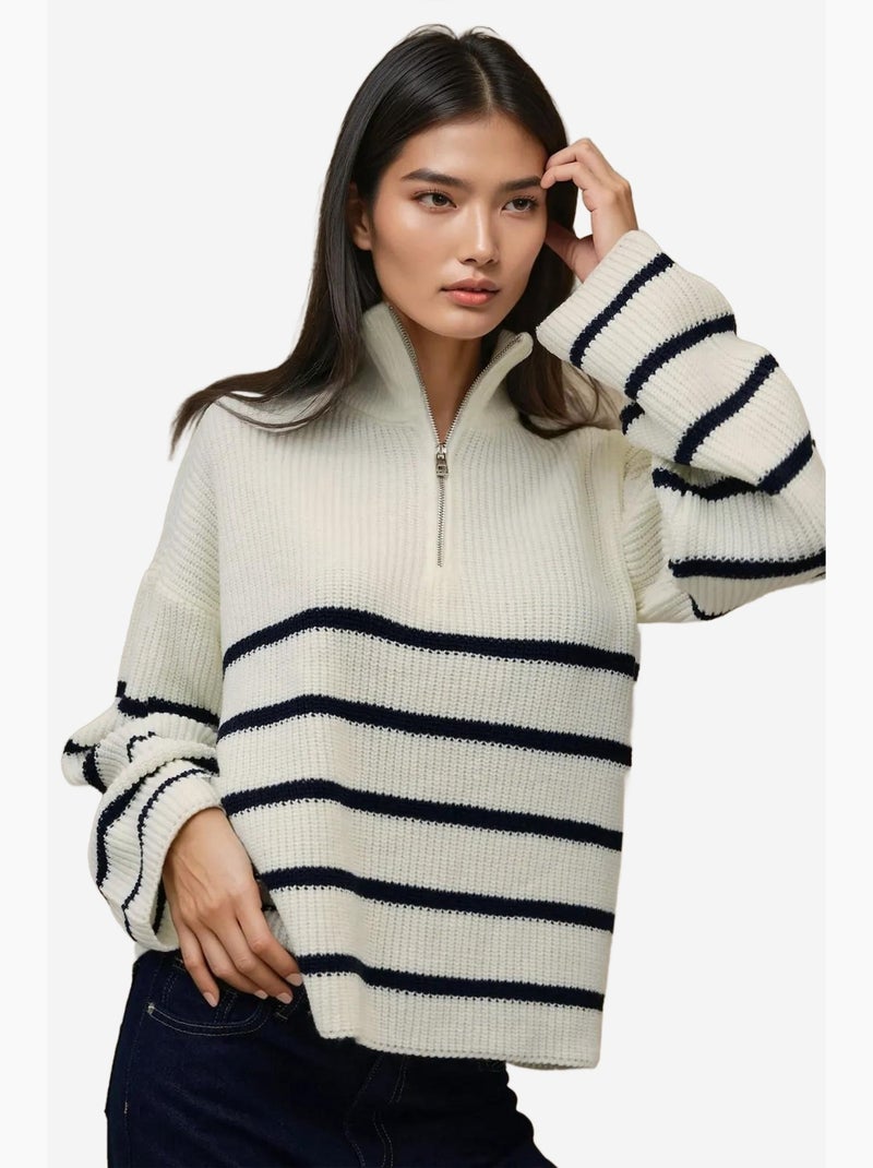 Pull rayé à manches longues et col zippé hiccup Blanc - Kiabi