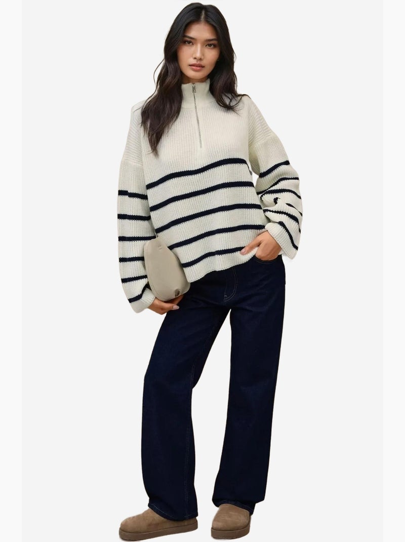 Pull rayé à manches longues et col zippé hiccup Blanc - Kiabi