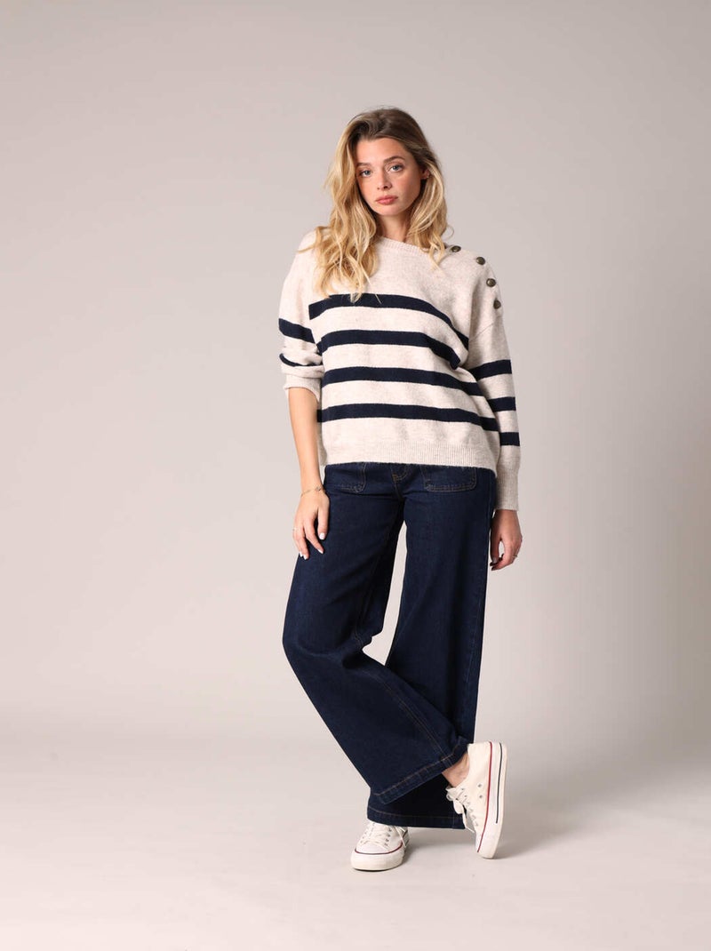 Pull rayé avec boutons décoratifs 'Deeluxe' Blanc cassé - Kiabi