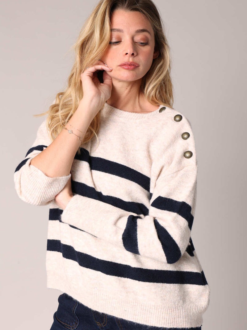 Pull rayé avec boutons décoratifs 'Deeluxe' Blanc cassé - Kiabi