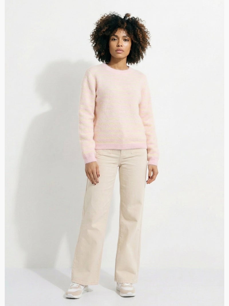 Pull rayé avec laine, dos boutonné - AFIBEL Rose - Kiabi