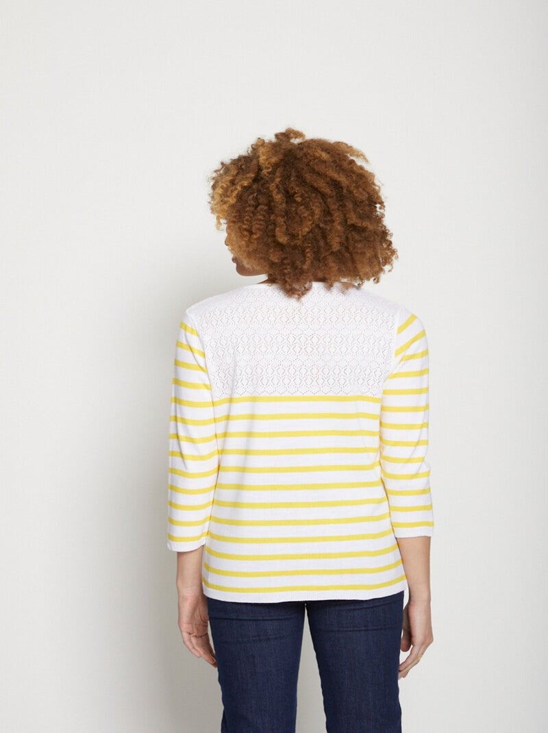 Pull rayé avec maille ajourée col rond - Afibel Jaune - Kiabi