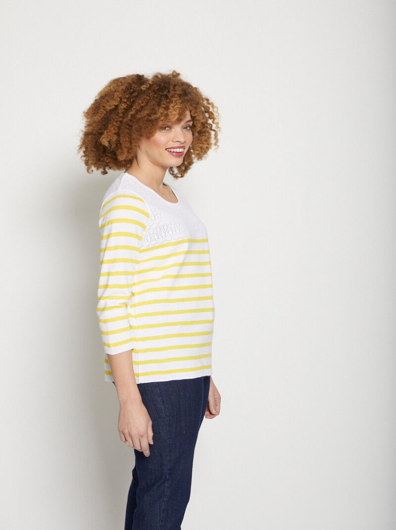 Pull rayé avec maille ajourée col rond - Afibel Jaune - Kiabi