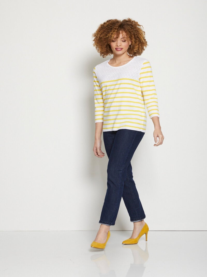 Pull rayé avec maille ajourée col rond - Afibel Jaune - Kiabi
