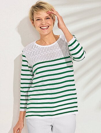 Pull rayé avec maille ajourée col rond