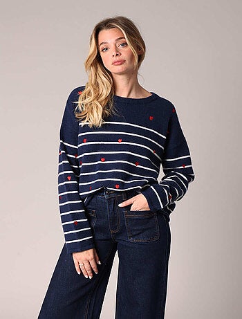 Pull rayé avec petits coeurs brodés 'Deeluxe'