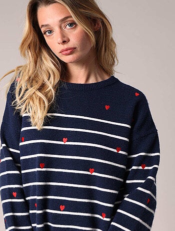 Pull rayé avec petits coeurs brodés 'Deeluxe'