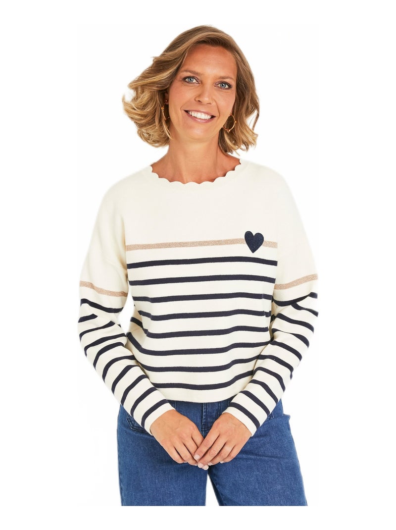 Pull rayé broderie c¿ur et col festonné Bleu Beige - Kiabi