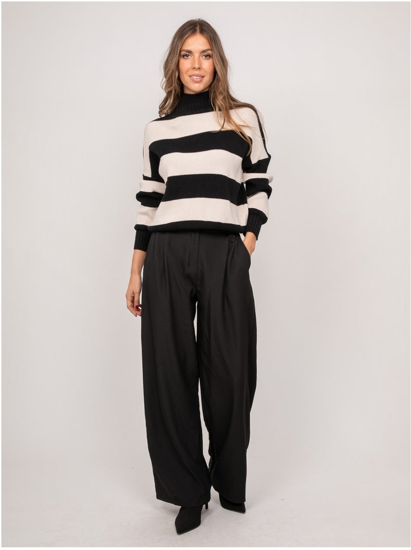 Pull rayé col montant kanelle Noir - Kiabi
