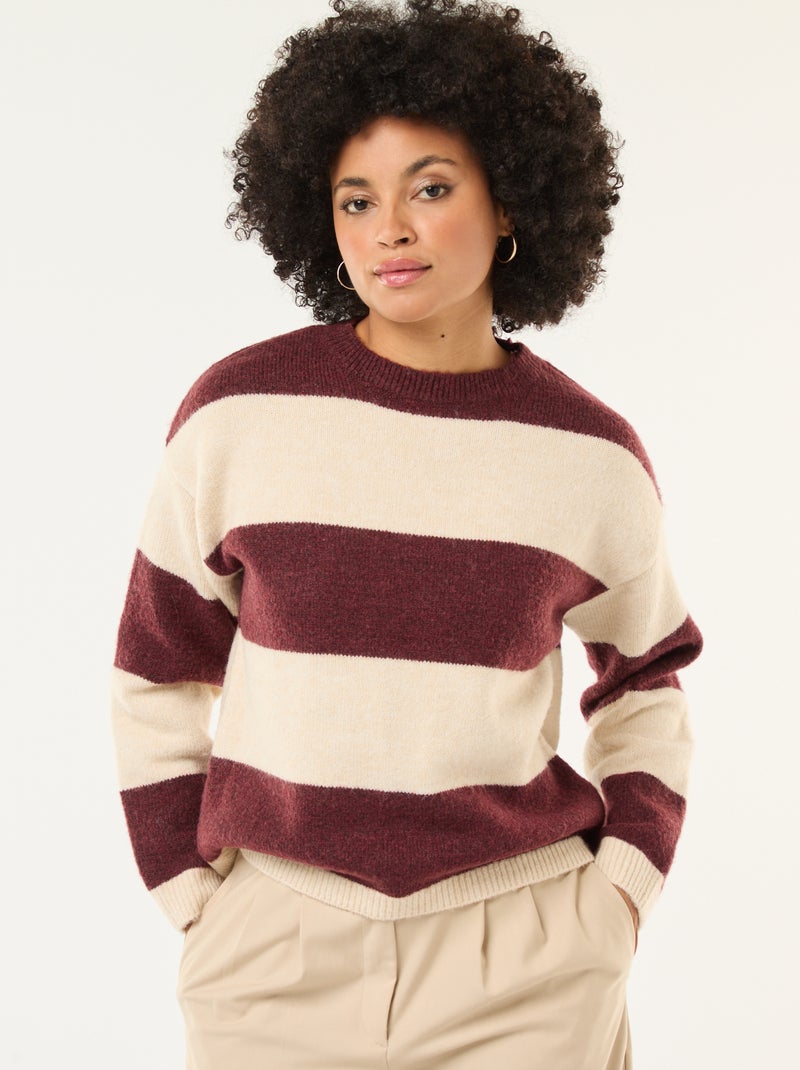 Pull rayé col rond en matière douce Beige - Kiabi