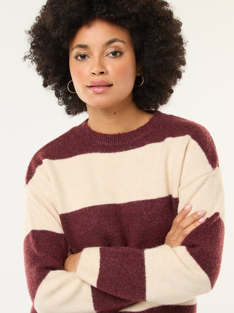 Pull rayé col rond en matière douce Beige - Kiabi