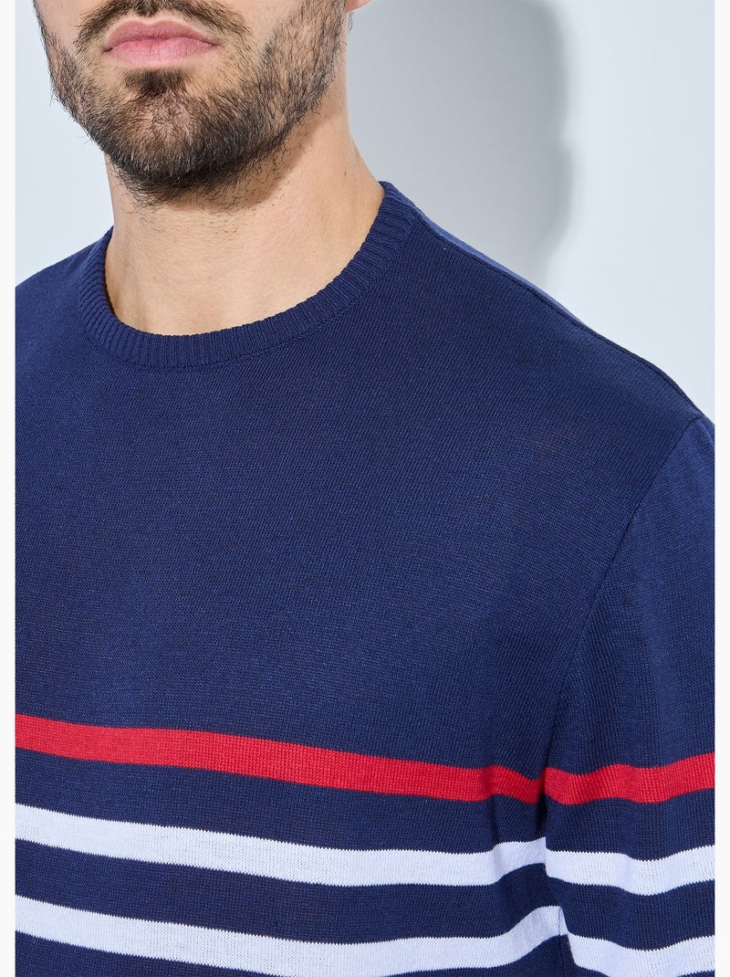 Pull rayé col rond jersey coton - Afibel Blanc - Kiabi