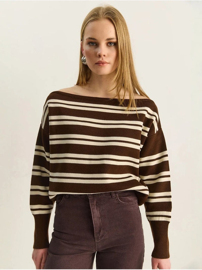 Pull rayé côtelé à épaules dénudées lucci Marron chocolat - Kiabi