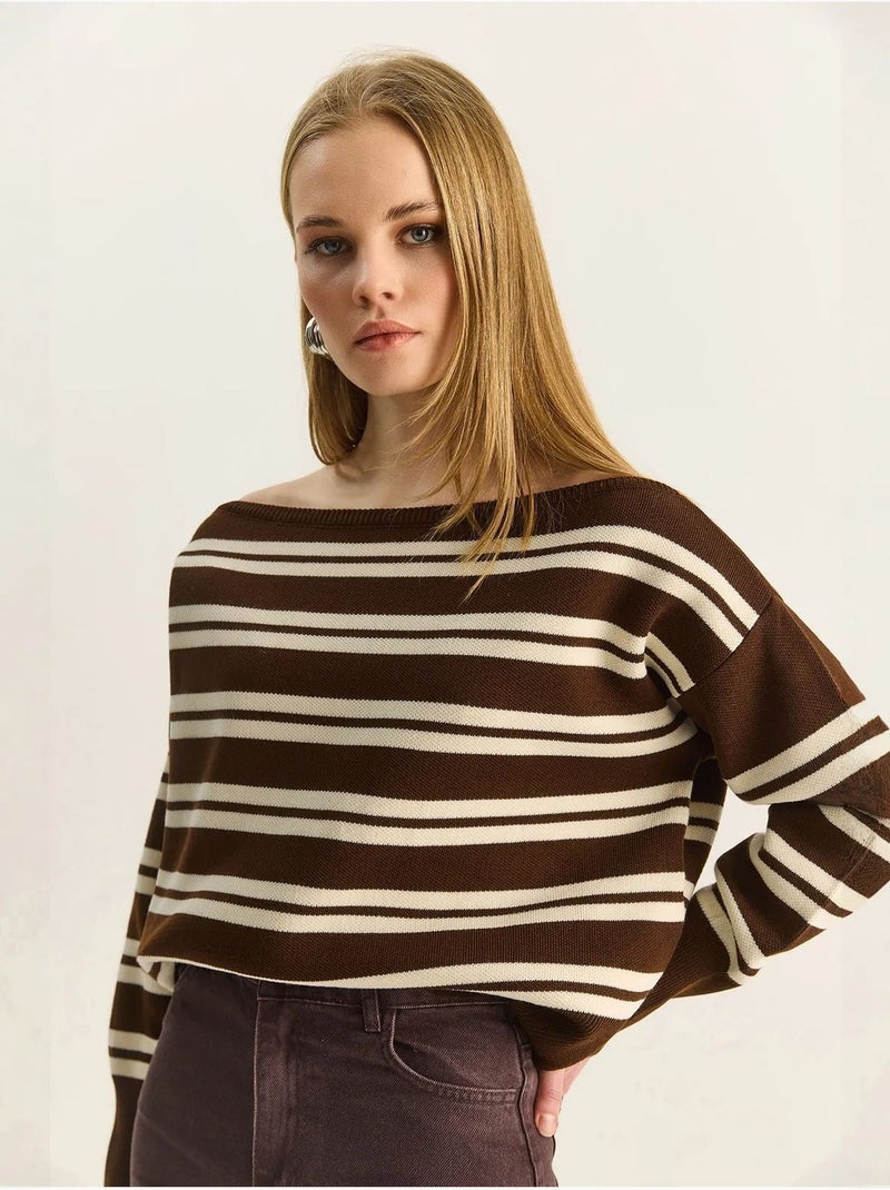 Pull rayé côtelé à épaules dénudées lucci Marron chocolat - Kiabi
