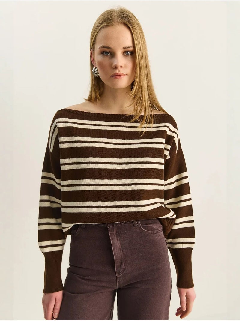 Pull rayé côtelé à épaules dénudées lucci Marron chocolat - Kiabi
