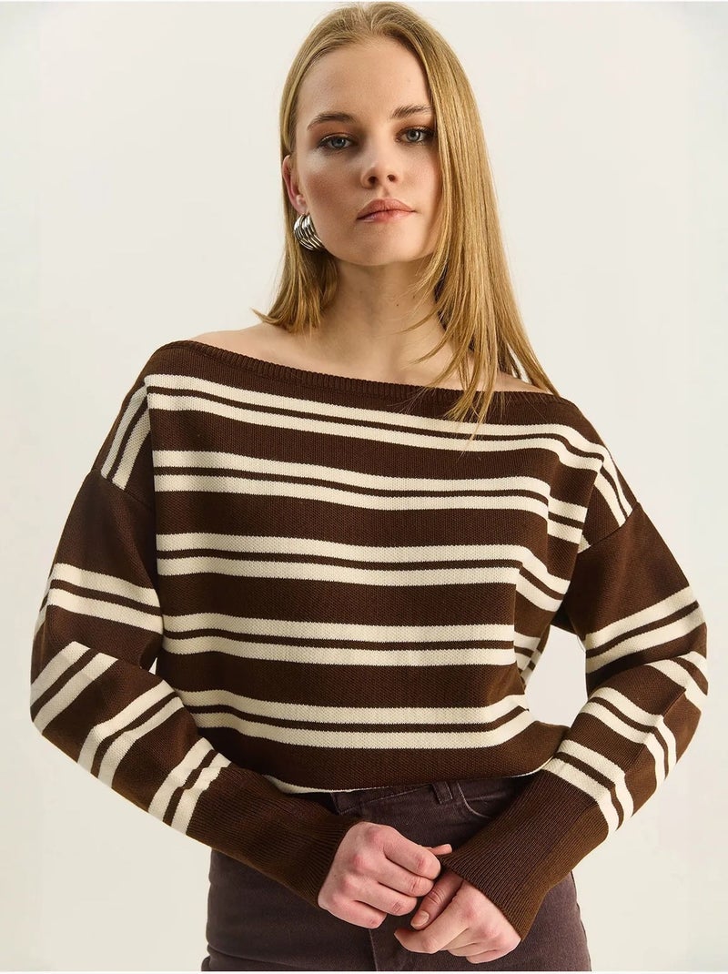 Pull rayé côtelé à épaules dénudées lucci Marron chocolat - Kiabi
