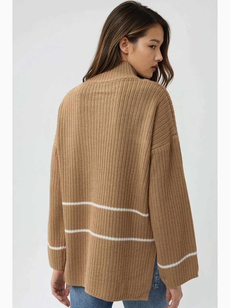 Pull rayé côtelé coupe ample avec col zippé my fashion Camel - Kiabi