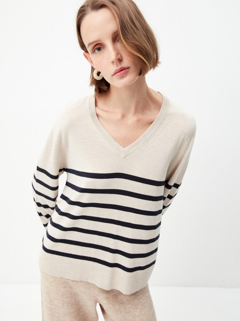Pull rayé en cachemire mélangé Beige - Kiabi