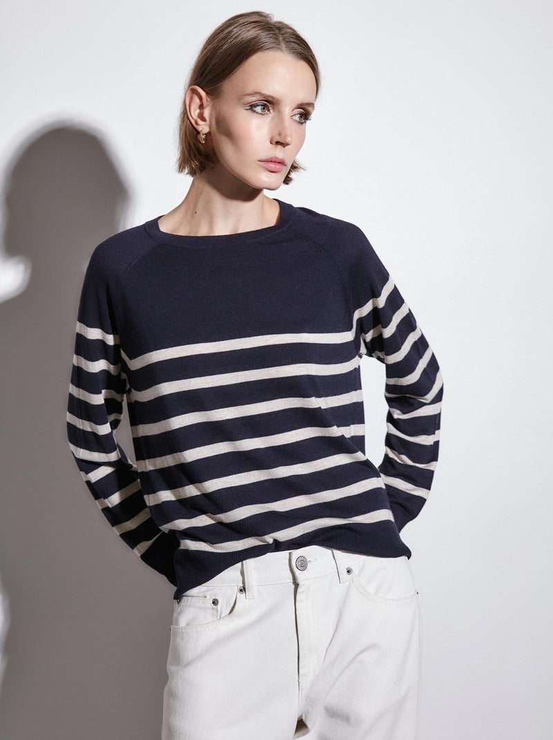 Pull rayé en cachemire mélangé Bleu - Kiabi