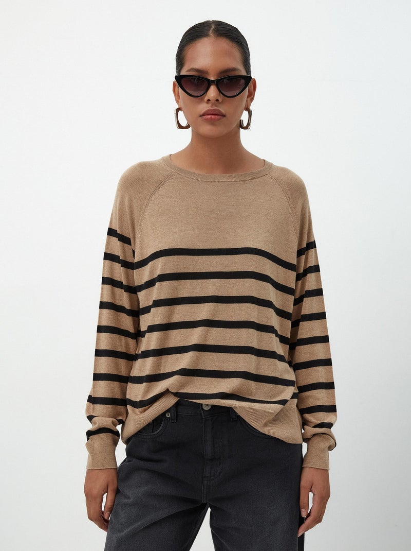 Pull rayé en cachemire mélangé Marron - Kiabi