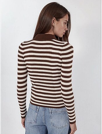 Pull rayé en maille côtelée à col polo et boutons