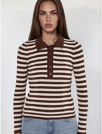 Pull rayé en maille côtelée à col polo et boutons