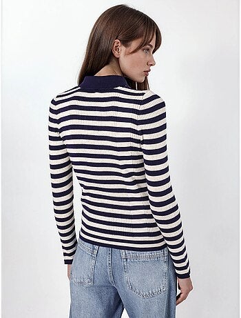 Pull rayé en maille côtelée à col polo et boutons