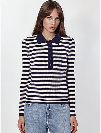 Pull rayé en maille côtelée à col polo et boutons