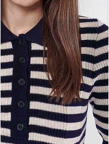 Pull rayé en maille côtelée à col polo et boutons