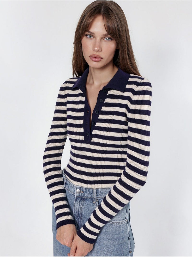 Pull rayé en maille côtelée à col polo et boutons Multicolore - Kiabi