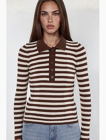 Pull rayé en maille côtelée col polo à boutons hiccup